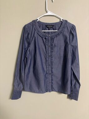 J. Peterman Blue Chambray Ruffle Detail Long Sleeve Blouse Size Medium Cotton